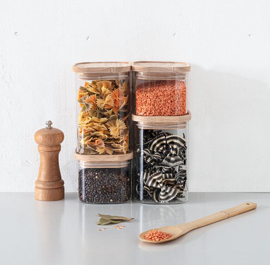 4er-Set Vorratsgläser / Vorratsbehälter aus Glas mit Holzdeckel - 500 ml - 1000 ml - Vorratsgläser mit luftdichtem Deckel