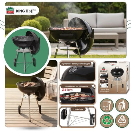 KINGHoff - Houtskool BBQ Grill - Kogelbarbecue met Deksel en Wielen - Tuin BBQ Grill Verrijdbaar - Barbecue met Temperatuurregeling - Buiten Grill - Camping & Terras BBQ - Metaal - Ø43 x 47.5 x 74 cm - Zwart