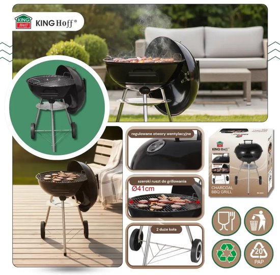 Kinghoff Kugelgrill mit Deckel & Rädern – Ø43 cm – Schwarz