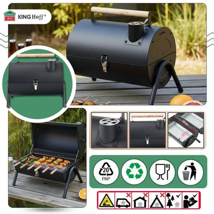 KINGHoff Grill - Draagbare Houtskoolbarbecue Grill - Camping BBQ met Deksel - Opvouwbare Tafelgrill - Reis BBQ met Ventilatie - Compacte Barbecue voor Balkon & Camping - Gepoedercoat Staal - ca. 41 x 25 x 38 cm - Zwart