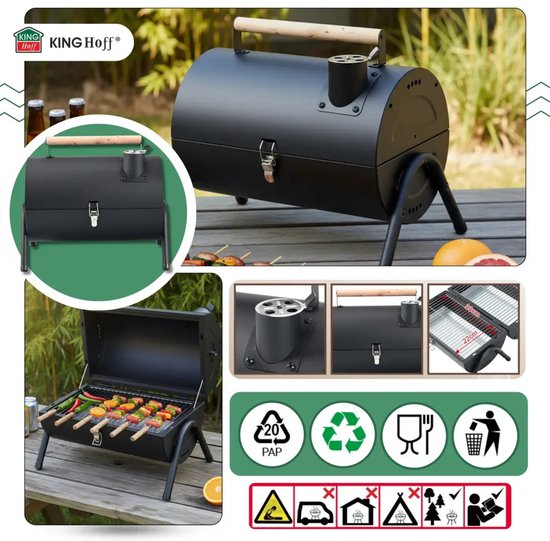 Kinghoff draagbare houtskoolbarbecue met deksel – 41 x 25 x 38 cm, zwart – foto 8