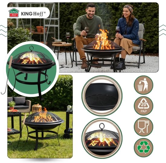 KINGHoff - Fire Pit - Outdoor Garden Fireplace with Grill - Patio Fire Pit with Spark Screen - Charcoal Garden Fire Pit - Includes Poker - Metal - Ø54.5 x 53 cm - Black