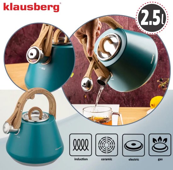 Klausberg - KB-9063 - Fluitketel 2.5L - RVS Waterketel - Matte Afwerking - Met Fluit - Afneembaar Deksel - Inductie - Gas - Elektrisch - Keramisch - Theeketel voor Koffie en Thee - Brede Voet - Turquoise Blauw