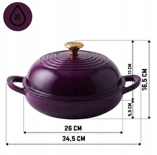 Hage - Emaillierter Bräter - Gusseisen-Schmortopf mit Deckel - Ofenfest & geeignet für Induktion, Gas und Ceranfeld - Für Brot, Gratins & Schmorgerichte - Inklusive Handschutz - 2 Liter - Ø 26 x 16,5 cm - Aubergine