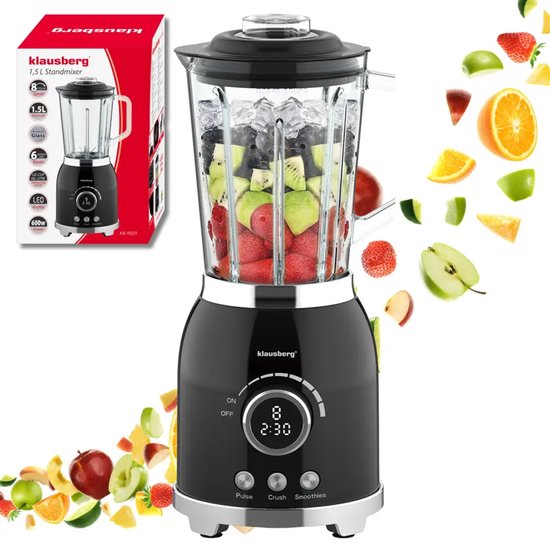 Klausberg - Blender - Smoothie Maker with LED Display - Ice Crusher - Glass Blender with 6 Stainless Steel Blades - Smoothie Blender with Timer - Kitchen Blender 8 Speeds - Crushed Ice Mixer - 1.5 L - 600W - Black