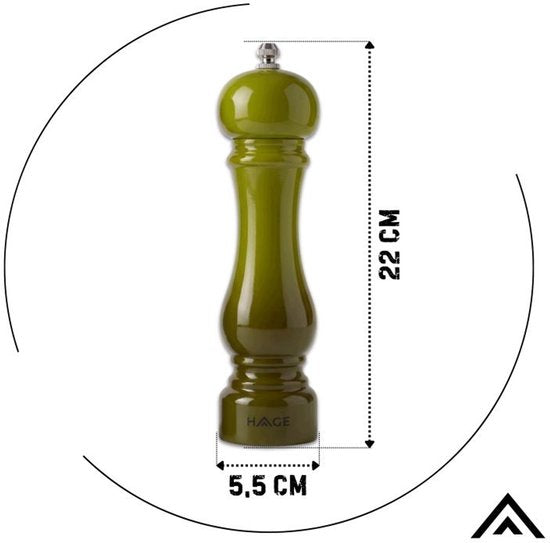 Hage - Manual Pepper and Salt Mills - Salt & Pepper - Ceramic Grinder - Adjustable Coarseness - 100 ml - Ø5.5 x 22 cm - Olive Green