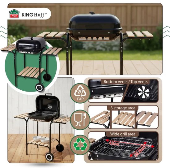 Kinghoff houtskoolbarbecue KH-2034 – BBQ met deksel, zijtafels en wielen – foto 5