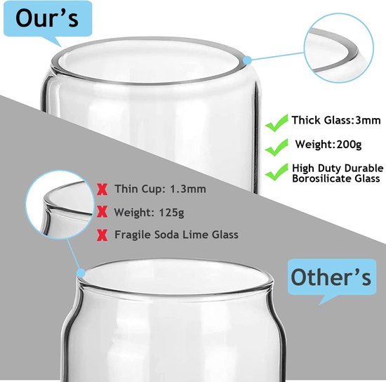 Drinking glasses with lid and straw, set of 6, 500 ml iced coffee can-shaped glasses, Bear Can cocktail glasses, can-shaped glass cups, beer glasses, ideal for water, cocktail, whisky, soft drinks, gift