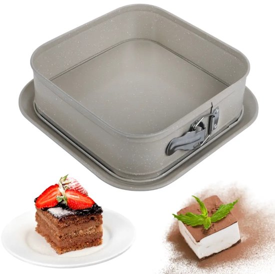 Bakvormen Set - Cakepan - 3-Delig Bakvormen Set - 26 x 11,5 x 7,5 cm Rechthoekige Baktray + Ø12 cm Ronde Cakepan + 27,5 cm Vierkante Bakvorm - Carbon Staal - Marmeren Anti-aanbaklaag - Beige-Grijs