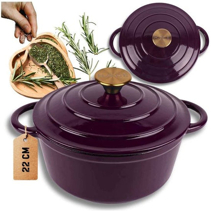 Hage - Gietijzeren Braadpan - Geëmailleerde Stoofpan met Deksel - Kookpan - Sudderpan - Bakpan - Inductie, Gas & Oven - 3 Liters - Ø22 x 13 cm - Aubergine Paars