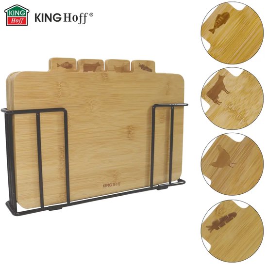 Kinghoff - 4 Delige Snijplank - Snijplanken met Standaard - Keuken Snijplankenset - Vlees, Vis, Gevogelte & Groenten - Bamboe - 28.5 x 20 cm