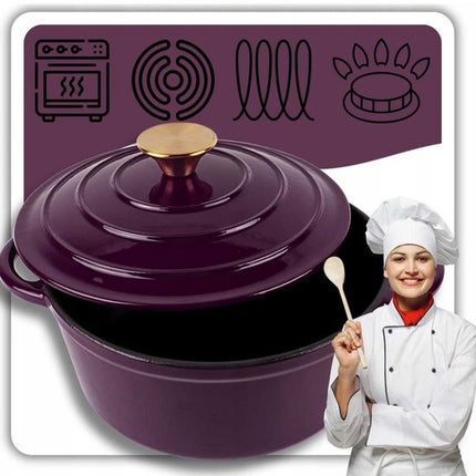 Hage - Kookpan - Gietijzeren Pot met Deksel - Geëmailleerd - Inductie & Oven Geschikt - Inclusief Mini Ovenhandschoenen & Onderzetter - Voor Braden, Stoven, Soep & Brood - 4 Liters - Ø24 cm - Auberginepaars