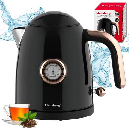 Klausberg - Waterkoker - Retro Waterkoker - Kleine Elektrische Waterkoker - Thee Waterkoker met Thermometer - Compacte Waterkoker Design - Keukenapparaat - 1L - 1200W - RVS - Zwart