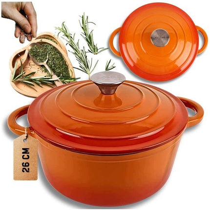 Hage - Kookpan - Gietijzeren Pot met Deksel - Geëmailleerd - Inductie & Oven Geschikt - Inclusief Mini Ovenhandschoenen & Onderzetter - Voor Braden, Stoven, Soep & Brood - 5 Liters - Ø26 cm - Oranje