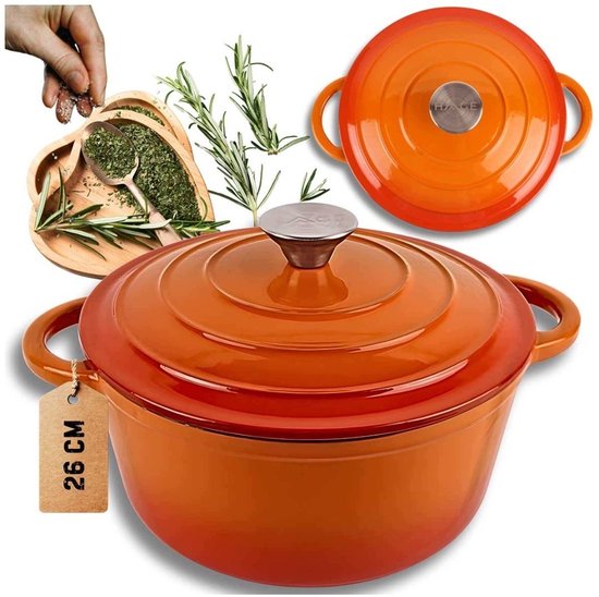 Hage - Kookpan - Gietijzeren Pot met Deksel - Geëmailleerd - Inductie & Oven Geschikt - Inclusief Mini Ovenhandschoenen & Onderzetter - Voor Braden, Stoven, Soep & Brood - 5 Liters - Ø26 cm - Oranje