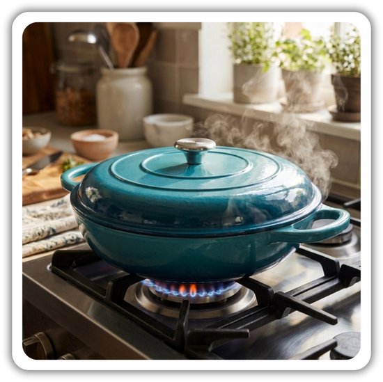 Hage gietijzeren braadpan 30 cm, 3 liter, azuurblauw, met deksel en 2 handgreephoezen