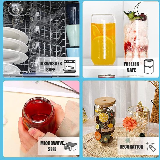 Drinking glasses with lid and straw, set of 6, 500 ml iced coffee can-shaped glasses, Bear Can cocktail glasses, can-shaped glass cups, beer glasses, ideal for water, cocktail, whisky, soft drinks, gift