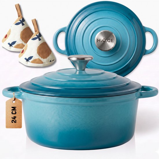 Hage gietijzeren braadpan met deksel, 24 cm, 4 liter, azuurblauw