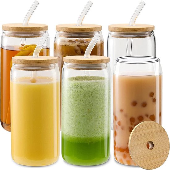 Drinkglazen met deksel en rietje, set van 6 500 ml iced coffee glas blikvorm, Bear Can cocktailglazen, blikvormige glazen bekers, beerglazen, ideal for water, cocktail, whisky, frisdrank, cadeau