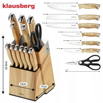 Klausberg - Messenset - 13-Delige - Keukenmessenset - 6 Steakmessen - RVS Keukenmessen - Inclusief Keukenschaar - Keukenaccessoires met Messenblok en Slijper - Houtlook