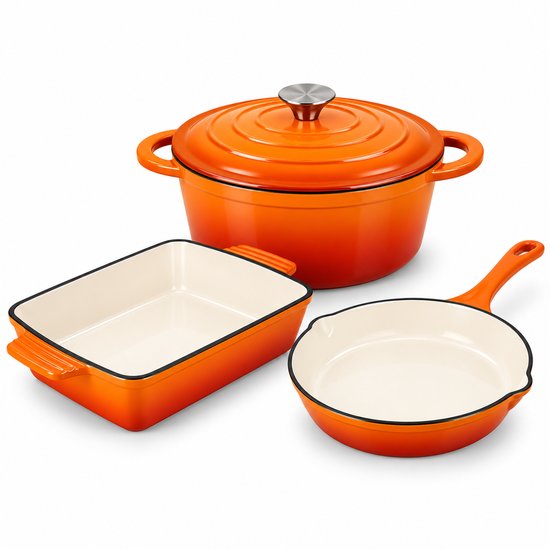 Hage - 3-teiliges Küchenset - Auflaufform 3,5 L - gusseiserne Backform mit Emaillierung - rechteckiger Bräter für den Ofen - Fleisch, Gebäck und Aufläufe - robuste Backform mit Griffen - gleichmäßige Wärmeverteilung - Orange