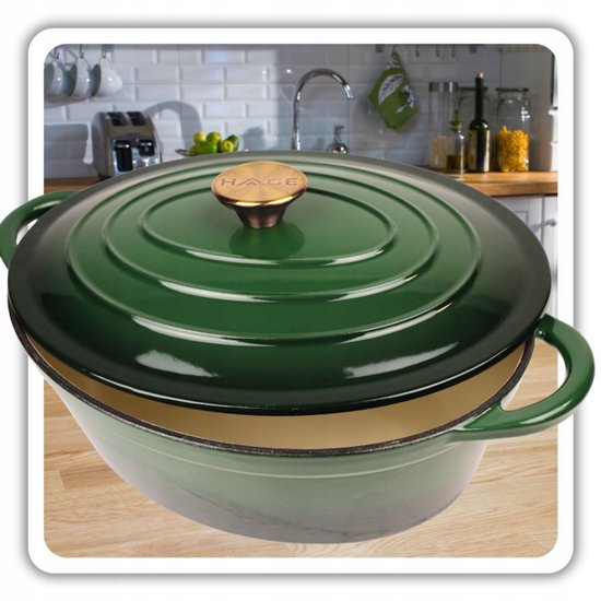 Hage - Cast Iron Roasting Pan - Enameled Dutch Oven with Lid - For Roasting, Stewing & Casseroles - Suitable for Induction, Gas & Oven - Includes Pan Holder & Hand Protectors - 6 Liters - 34 x 26 x 18 cm - Bottle Green