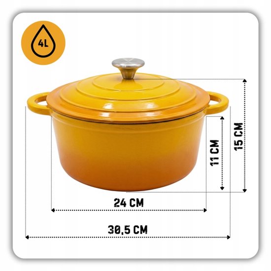 Hage - Pan Set - Kitchen Set - Cast Iron Pan Set - 3-Piece - 4 L Dutch Oven with Lid - 6 L Casserole with Lid - 26 cm Frying Pan - Enameled Cast Iron - Induction - Oven - Mustard Yellow