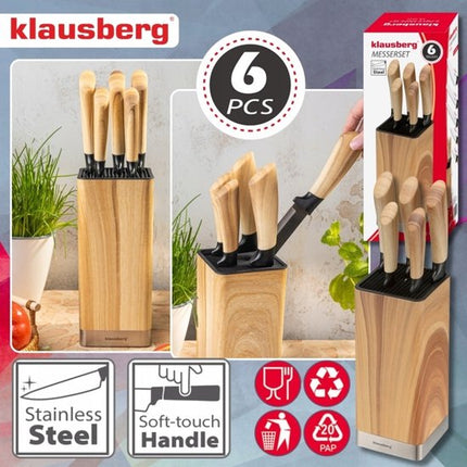 Klausberg - Messenset - 6 Delige - Keukenmessenset - 5 RVS Keukenmessen - Messenhouder - Professionele Koksmessen - Keukenaccessoires met Messenblok - Houtlook