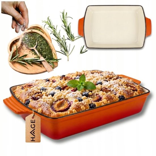 Hage - Gusseiserne Auflaufform - Auflaufform - Emaillierte Backform - Für Ofengerichte, Fleisch, Kuchen und Aufläufe - 3,5 Liter - 32 x 23,5 x 6 cm - Orange