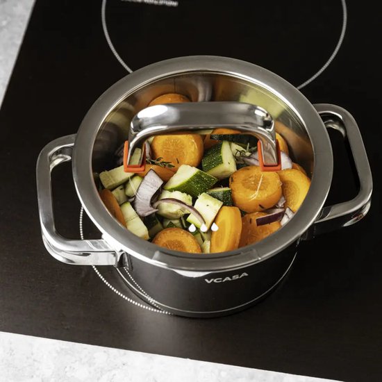Kookpan 16 cm met glazen afgietdeksel en maatverdeling, 1,6 liter, rvs