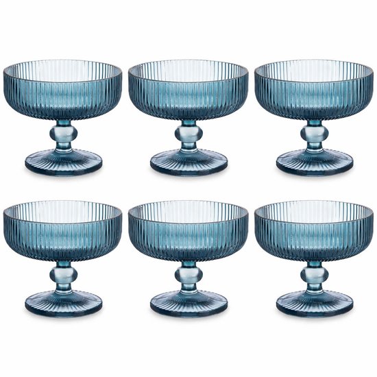 Glazen ijsbekers 310 ml op voet – Glazen dessert coupes - donkerblauw gestreept – set van 6 dessertglazen