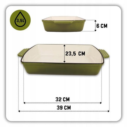 Hage - Bakvorm - Ovenschaal - Gietijzeren Ovenschaal - Emaille Braadslede met Handgrepen - Geschikt voor Inductie, Oven & Alle Warmtebronnen - 3.5 Liter - 32 x 23.5 cm - Olijfgroen