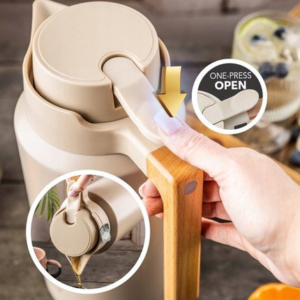 Thermoskan - Vacuüm Thermosfles - Isolerende Koffiekan met Houten Handvat - BPA-vrij - 2 Liter - RVS 304 - Beige