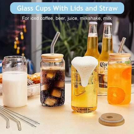 Drinkglazen met deksel en rietje, set van 6 500 ml iced coffee glas blikvorm, Bear Can cocktailglazen, blikvormige glazen bekers, beerglazen, ideal for water, cocktail, whisky, frisdrank, cadeau