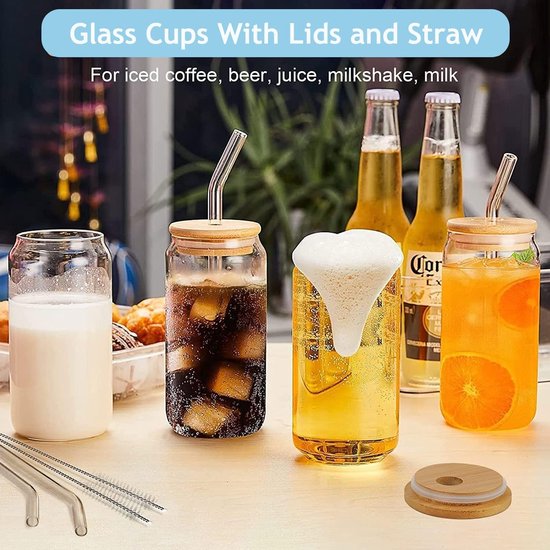 Drinking glasses with lid and straw, set of 6, 500 ml iced coffee can-shaped glasses, Bear Can cocktail glasses, can-shaped glass cups, beer glasses, ideal for water, cocktail, whisky, soft drinks, gift