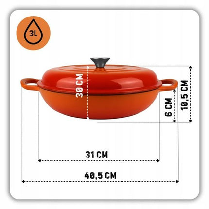 Hage - Braadpan - Lage Gietijzeren Braadpan met Deksel - Geëmailleerd - Oven & Inductie Geschikt - Voor Braden, Stoven en Ovenschotels - 3 Liters - 40.5 x 30 x 10.5 cm - Oranje