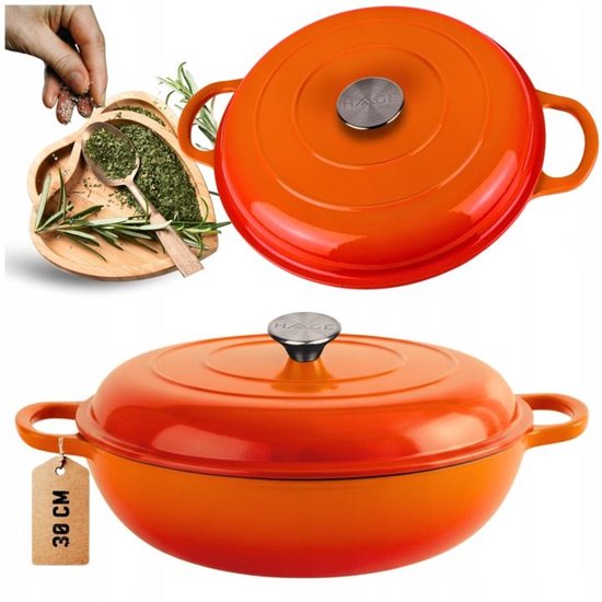 Hage - Roasting Pan - Low Cast Iron Roasting Pan with Lid - Enamelled - Oven & Induction Suitable - For Roasting, Stewing and Casseroles - 3 Litres - 40.5 x 30 x 10.5 cm - Orange