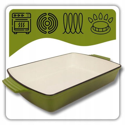 Hage - Bakvorm - Ovenschaal - Gietijzeren Ovenschaal - Emaille Braadslede met Handgrepen - Geschikt voor Inductie, Oven & Alle Warmtebronnen - 3.5 Liter - 32 x 23.5 cm - Olijfgroen