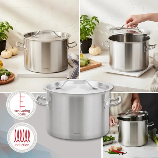 KingHoff Cooking Pot - Large Soup Pot - Stockpot with Lid - for Soup, Pasta & Stews - Induction Suitable - 14L - Stainless Steel - Ø30 x 20 cm - Silver