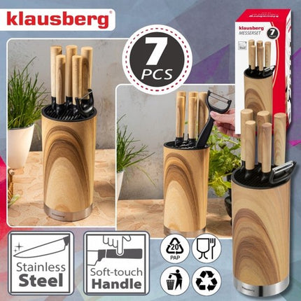 Klausberg - Messenset - 7-Delige - Keukenmessenset - 5 RVS Keukenmessen - Groenteschiller - Messenhouder - Keukenaccessoires met Dunschiller en Messenblok - Natuurlijk Houtlook