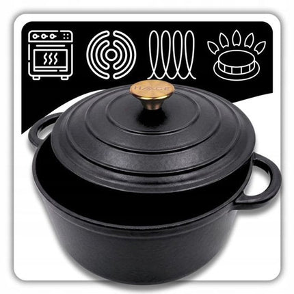 Hage - Gietijzeren Kookpot - Geëmailleerde Braadpan met Deksel - Geschikt voor Inductie, Gas & Oven - Stoofpan, Sudderpan & Bakpan - Inclusief Pannenhouder & Beschermende Handvatten - 3 Liters - Ø22 x 13 cm - Matte Zwart