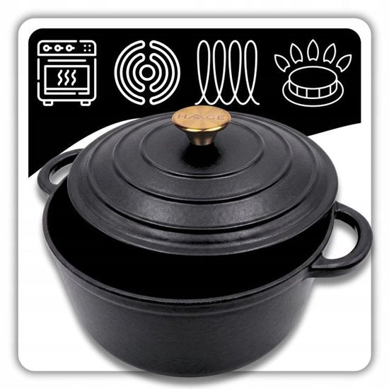 Hage - Gietijzeren Kookpot - Geëmailleerde Braadpan met Deksel - Geschikt voor Inductie, Gas & Oven - Stoofpan, Sudderpan & Bakpan - Inclusief Pannenhouder & Beschermende Handvatten - 3 Liters - Ø22 x 13 cm - Matte Zwart