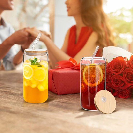 4-piece drinking glass set with lids and straws, bubble tea cup, iced coffee glasses, 500 ml, bear can cocktail glasses, iced coffee cup for milkshakes, juices, smoothies (semi-sealed)