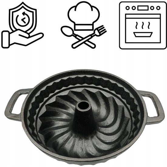 Hage - Bundt Pan - Cast Iron Cake Tin - Deep Baking Mold - For Cakes, Bundt Cakes, Bread & Pâté - Oven & Grill - Sturdy Cast Iron - 3 Litres - 35 x 27.5 x 10.5 cm - Black