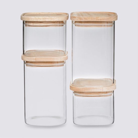 4er-Set Vorratsgläser / Vorratsbehälter aus Glas mit Holzdeckel - 500 ml - 1000 ml - Vorratsgläser mit luftdichtem Deckel