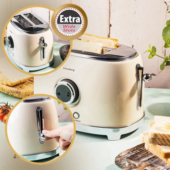 Klausberg - Broodrooster - Keuken Toaster - Toaster met LED Display en 6 Standen - Brede Sleuven Broodrooster - 2 Sneden - Retro Design - Ontdooifunctie & Opwarmfunctie - 850W - ca. 28.5 x 18.5 x 20 cm - Beige