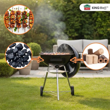 KINGHoff - Houtskool BBQ Grill - Kogelbarbecue met Deksel en Wielen - Tuin BBQ Grill Verrijdbaar - Barbecue met Temperatuurregeling - Buiten Grill - Camping & Terras BBQ - Metaal - Ø43 x 47.5 x 74 cm - Zwart