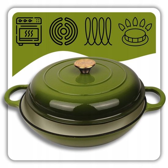 Hage - Braadpan - Lage Gietijzeren Braadpan met Deksel - Geëmailleerd - Oven & Inductie Geschikt - Voor Braden, Stoven en Ovenschotels - 3 Liters - 40,5 x 30 x 10,5 cm - Olijfgroen