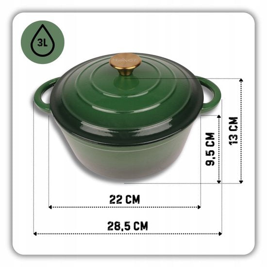 Hage - 3-Piece Cast Iron Casserole Set - Dutch Oven Set - 3L, 4L, and 5L with Lids - Enameled Cooking Pots - Ø22, Ø24, and Ø26 cm - Induction - Oven Safe - Heat Retention - Bottle Green