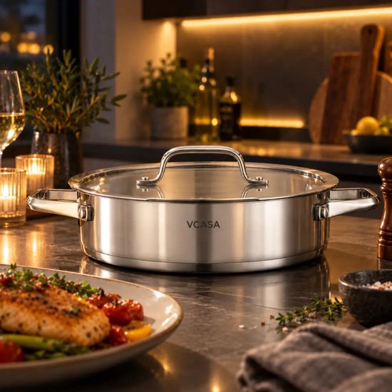 Lage braadpan met deksel 24 cm, 2,9 liter, 304 rvs met maataanduiding